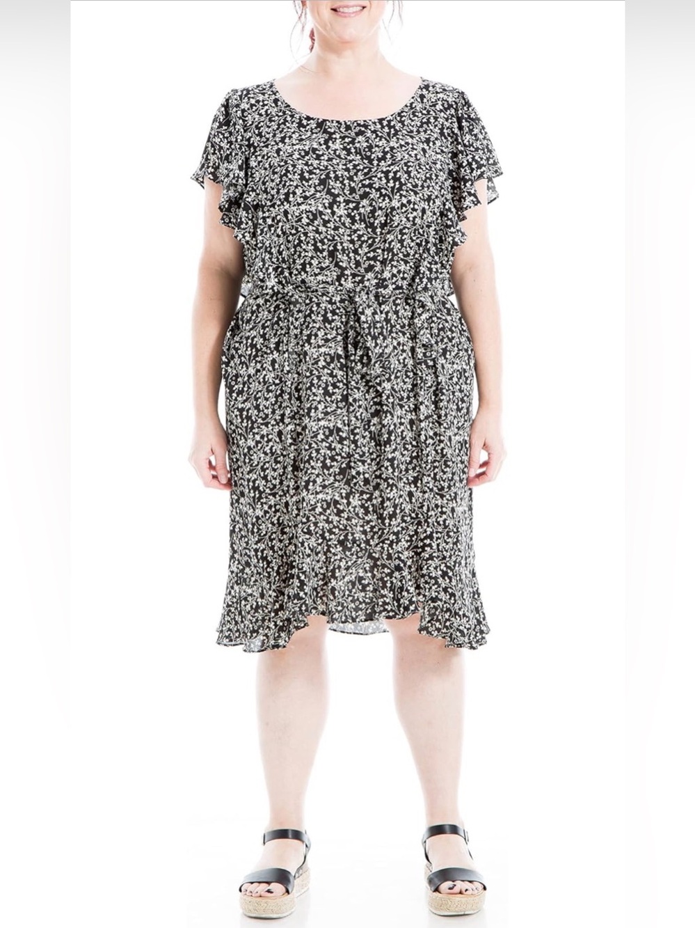 Max Studio Flutter Sleeve Waist Tie High Low Dress (Sz 1X) Black & White Floral